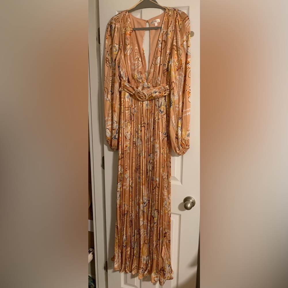 Peach Floral Long Sleeve Pleated Maxi Dress